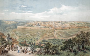 Panorama of Jerusalem, today Israel, panorama of an ancient city with walls in a vast landscape,
