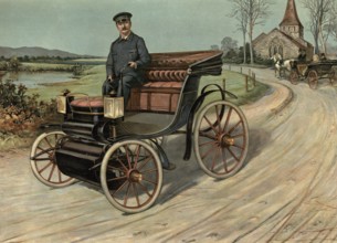 Driver with a motor vehicle, the first Daimler motorised carriage (?), Germany, A driver in an