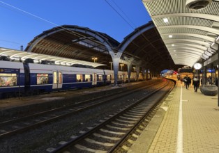 Empty platform with the two-nave platform hall and regional express in the evening, central railway