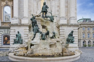 Buda Castle, Spectacular Mathias fountain with hunter statues, Budapest, Hungary