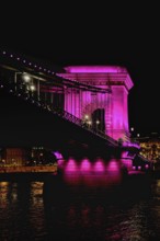 Chain Bridge at night viewed from the Danube River, Budapest, Hungary