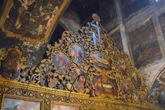 Detailed church paintings with golden decorations and iconic representations in a church, Bodbe