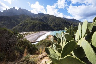 View of the pebble beach and Porto Bay, a UNESCO World Heritage Site, Ota, west coast of Corsica,