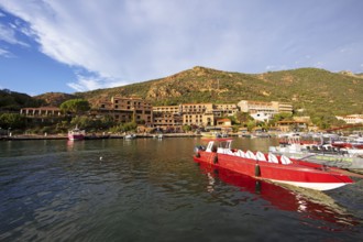 Colourful boats in Port de Porto or Port on the Porto River, Porto, Ota, west coast of Corsica,