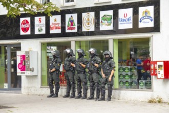 June 10, 2012 Demonstration in Göppingen, Baden-Württemberg, Germany. Riot police stand in a row in