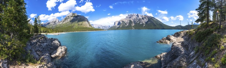 Breathtaking panoramic view of turquoise lake minnewanka surrounded by majestic rocky mountains