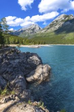 Breathtaking turquoise waters of lake minnewanka reflecting majestic rocky mountains under a