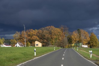 Stormy sky with autumn trees, Neunhof bei Lauf, Middle Franconia, Bavaria, Germany