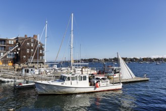Scenic backdrop, sailboats and historic buildings with shingle façade in harbor, Rockport, Cape