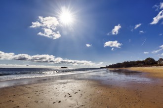 Deserted sandy beach, Cumulus, Sun rays in autumn, Singing Beach, Manchester-by-the-Sea, Cape Ann,