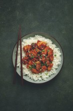 Fried chicken teriyaki with rice, green onion and sesame, homemade, no people