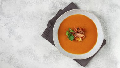 Shrimp cream soup, bisque soup, French cuisine, homemade, no people