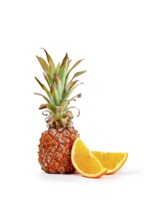 Fresh pineapple and orange slices arranged on a white background, vertical, no people