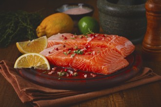 Two salmon fillets rest on a wooden platter. The fillets are garnished with herbs and spices. Lemon
