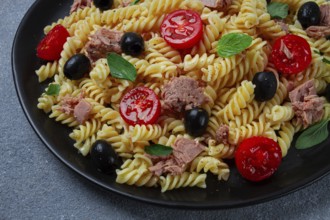 Tuna salad, fusilli pasta, olives and cherry, olive oil, homemade