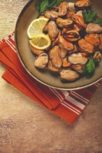 Mussels no shell, boiled, mussels, peeled, in a bowl, with lemon and parsley, Chilean mussels, top