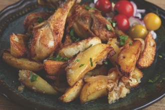 Fried chicken legs with potato slices, on a plate, baked in the oven, with spices, homemade, no