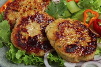 Fried chicken cutlets, minced chicken, with vegetables, on gray, with vegetable salad, top view,