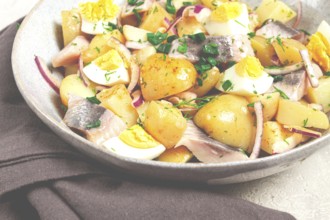 Potato salad with herring and eggs, Scandinavian cuisine, homemade, no people