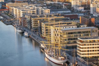 Overview of New Harbour residential buildings, sailing school ship Germany, Bremerhaven, Bremen,
