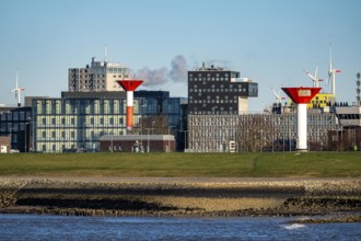 Skyline of Bremerhaven, seen across the Weser, building of the Alfred Wegener Institute, Helmholtz