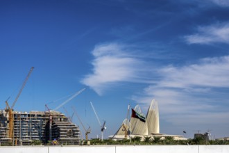 View of a construction site and roof of the Zayed National Museum, Saadiyat Island, Abu Dhabi,