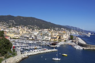 View from the citadel of the old port with marina and church of Saint Jean-Baptiste à Bastia or