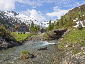 Zauneralm, Riedingtal nature park Park, Riedingbach, snow-capped mountains, stream with bridge,