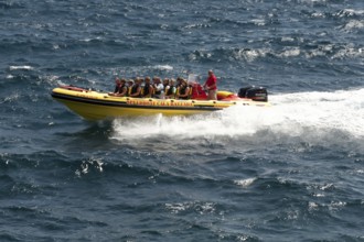 Speedboat speedboat with tourists riding on board glides through waves in the Mediterranean Sea,
