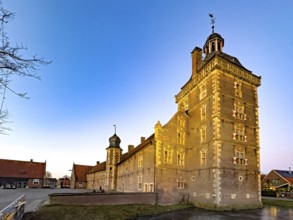 Observatory Tower of Raesfeld Castle stands in Wassergraben behind part of Vorburg, Raesfeld Water