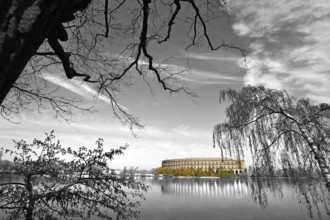 General view of the former incomplete Congress Hall of the NS period, in front the Dutzenteich,