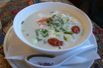 Vegetable soup with shrimp and coconut milk in a Thai restaurant, Franconia, Bavaria, Germany