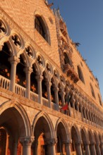 Sun rays at sunrise on the façade of the Doge's Palace, Venice, Veneto, Italy