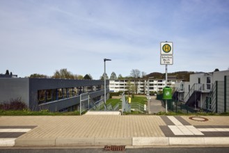 School bus stop, Hauptschule Mathilde - Anneke - school, houses, modern buildings, apartment