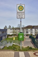 School bus stop, public trash can, general architecture, houses, modern architecture, apartment