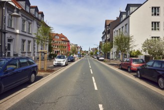 Street, residential buildings and commercial buildings, general architecture, parking strip with