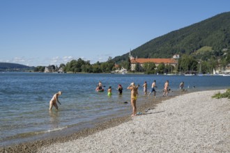 Tourists at Strand Point, St. Quirinus Parish Church, Tegernsee Abbey, Castle with Braustüberl,