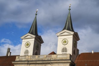 Towers of St. Quirinus Parish Church, Tegernsee Abbey, Castle with Braustüberl, Dramatic Clouds,