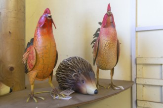 Hedgehog and roosters garden ornaments, Swann's nursery garden centre, Bromeswell, Woodbridge,
