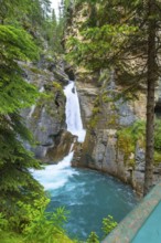 Turquoise water flows through johnston canyon in banff national park, alberta, as a waterfall