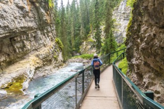 Female tourist walking on a metal footbridge enjoying the scenic view of the johnston canyon and