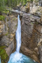 Cascading waterfall pouring into a vibrant turquoise pool amidst the rugged johnston canyon in