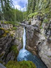 Scenic view of johnston canyon in banff national park, featuring a stunning waterfall cascading