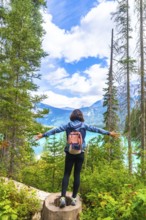 Female hiker standing on a tree stump with outstretched arms enjoying the breathtaking view of