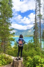 Female hiker standing on a tree stump, admiring the breathtaking view of emerald lake and