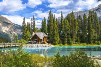 Emerald lake lodge with surrounding pine trees reflecting in the turquoise water of emerald lake in