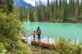 Mother and son holding hands on a log, enjoying the stunning turquoise waters of emerald lake,