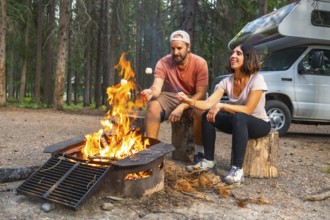 Tourists roasting marshmallows over a cozy campfire near their campervan, surrounded by the