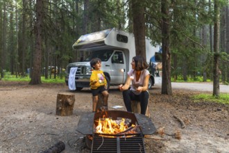Mother and son roasting marshmallows over campfire near their camper van, enjoying a camping trip