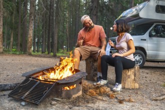 Tourists roasting marshmallows in a campfire near their campervan, enjoying a relaxing evening in